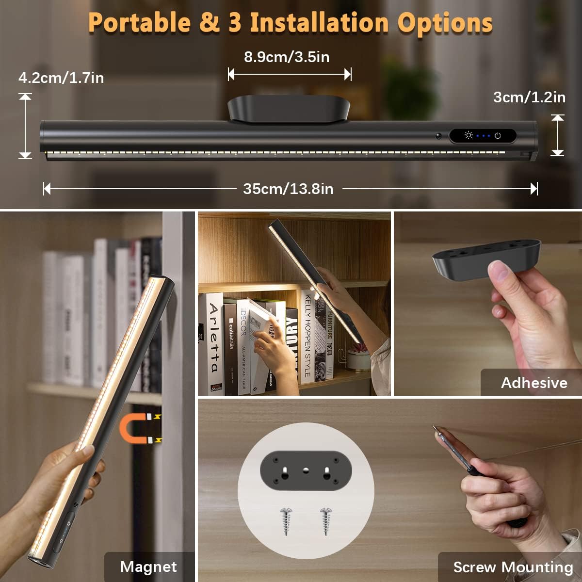 Rechargeable Magnetic LED Light Bar with Remote, Under Cabinet Lighting Wireless, Battery Powered Operated Wall Strip Lights, Dimmable Desk Lamp for Mirror Closet Picture Kitchen