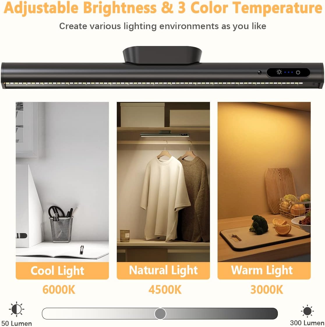 Rechargeable Magnetic LED Light Bar with Remote, Under Cabinet Lighting Wireless, Battery Powered Operated Wall Strip Lights, Dimmable Desk Lamp for Mirror Closet Picture Kitchen
