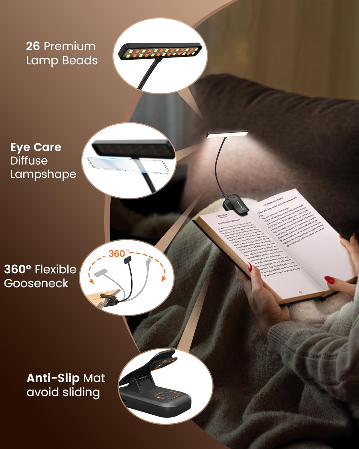 Glocusent 26 LED Book Light, 1200 mAh 90 Hrs Lasting Rechargeable Reading Light, 5 Amber Colors & Stepless Dimming Book Reading Light - Portable Clip on Light for Book Lovers Kids